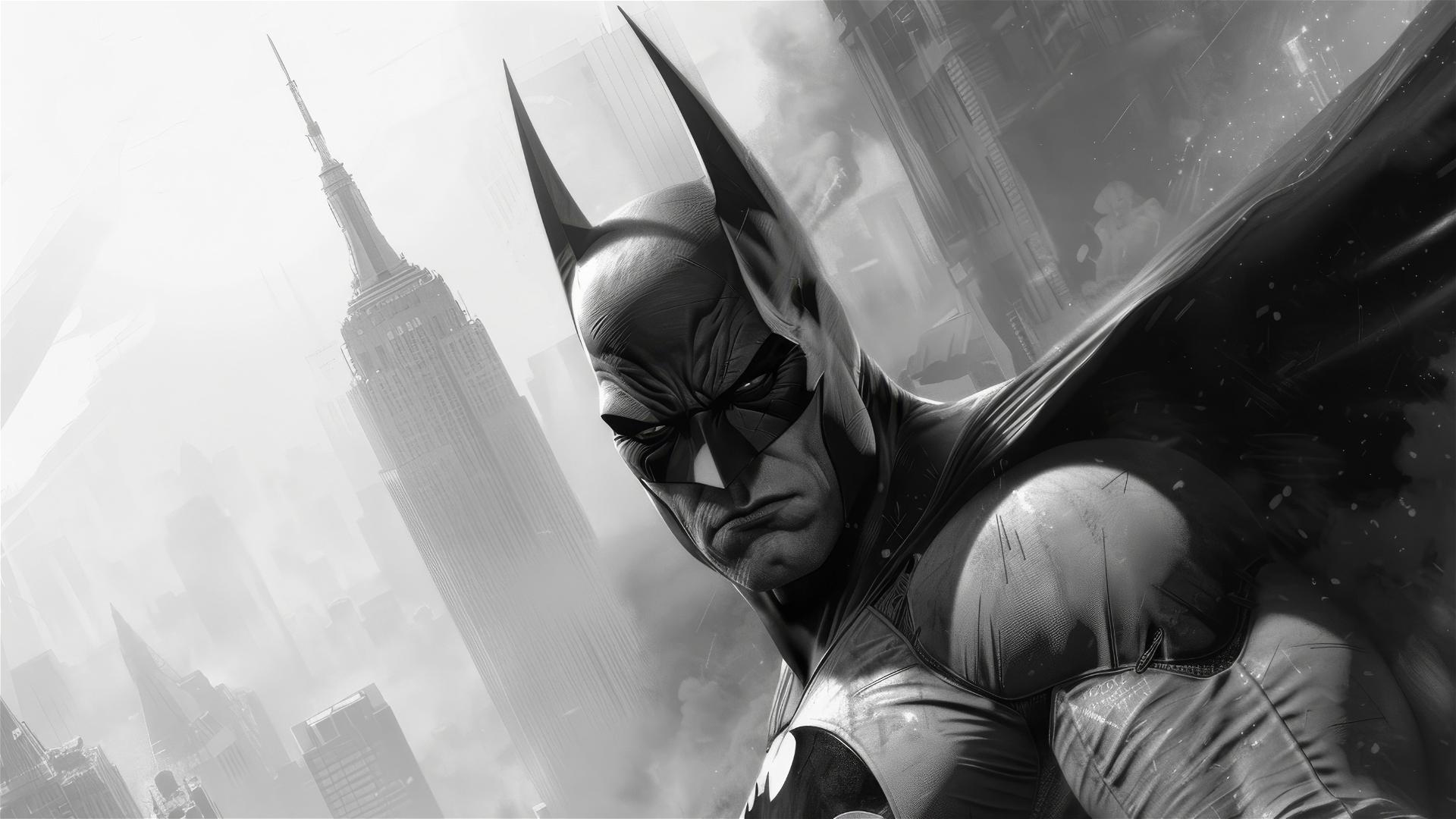 Illustration of Batman in grayscale on white background in Arkham city landscape
