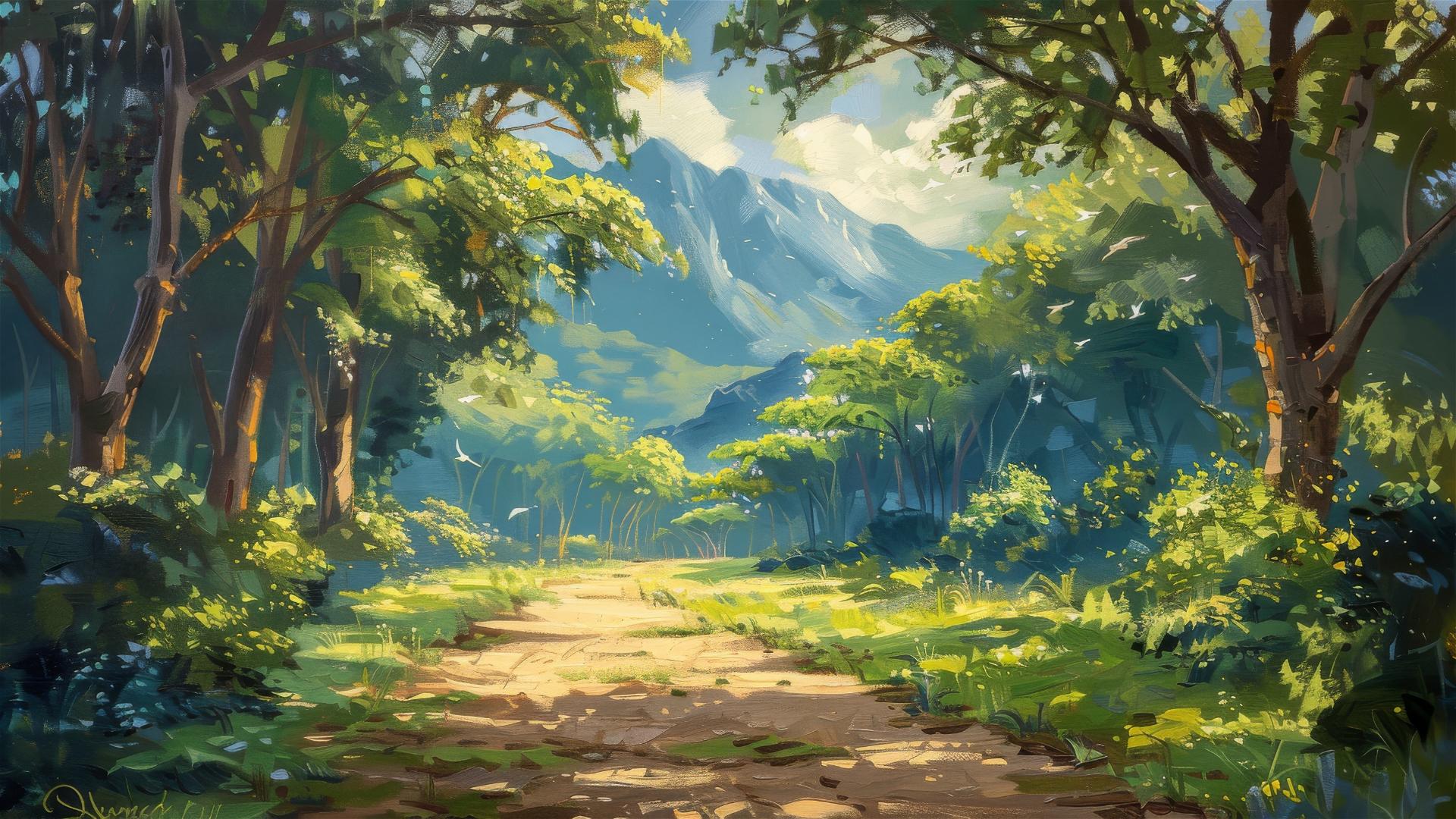 Serene luminism-style landscape with sunlight filtering through trees and birds in the foreground