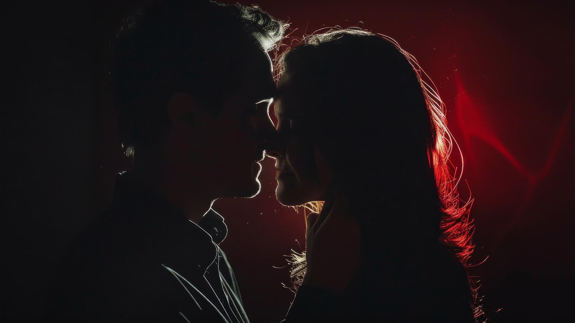 Photo of a 35-year-old couple in love, shadowy mood