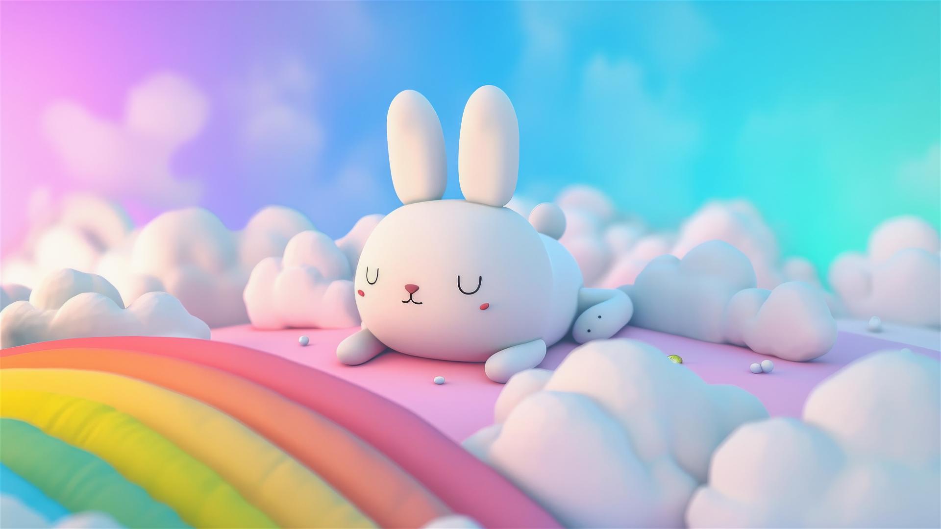 3D rendered image of a cute Miffy bunny lying on rainbow clouds in pastel tones
