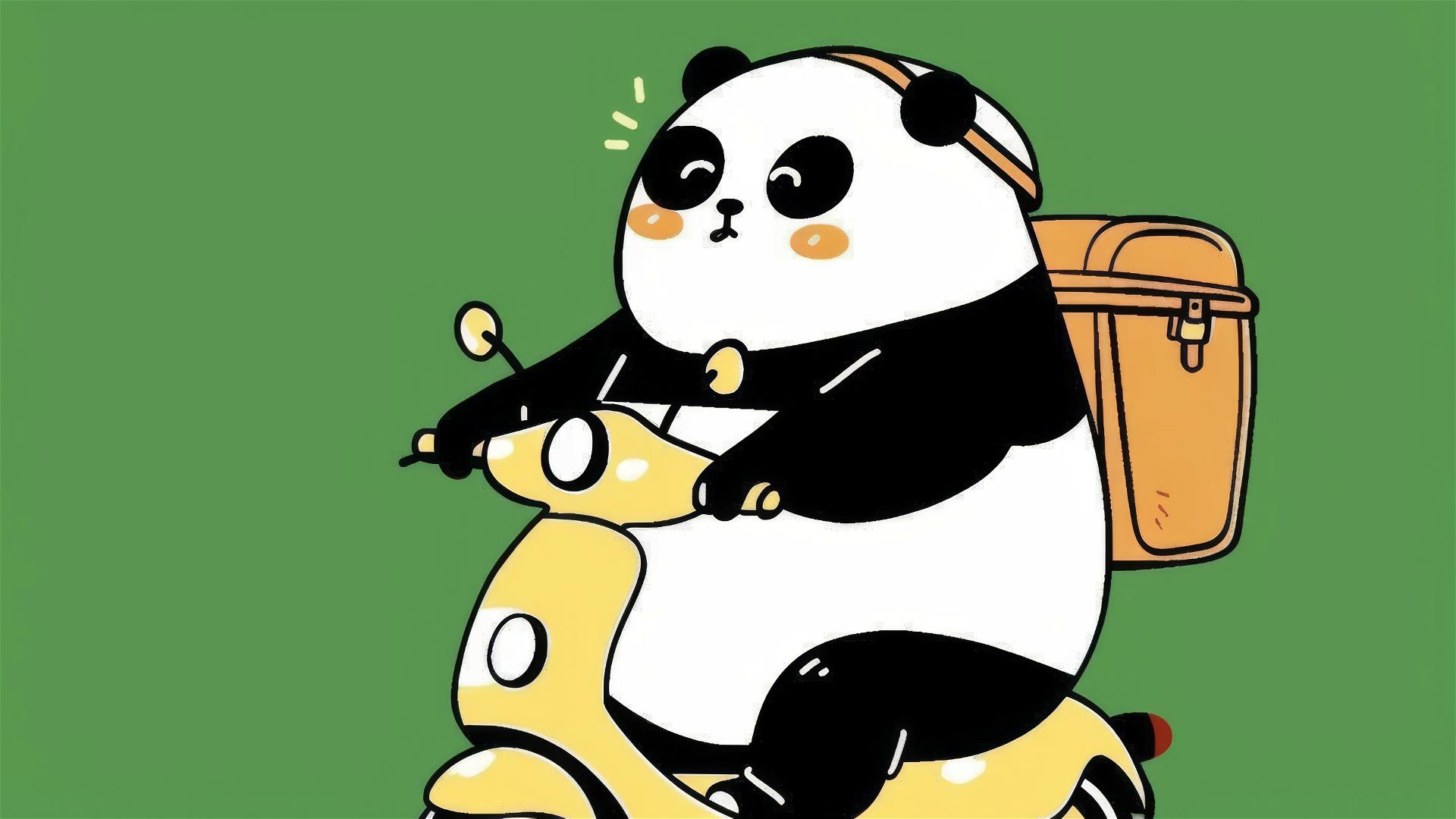 Cute panda on scooter with helmet against green, white background, simple flat vector style.