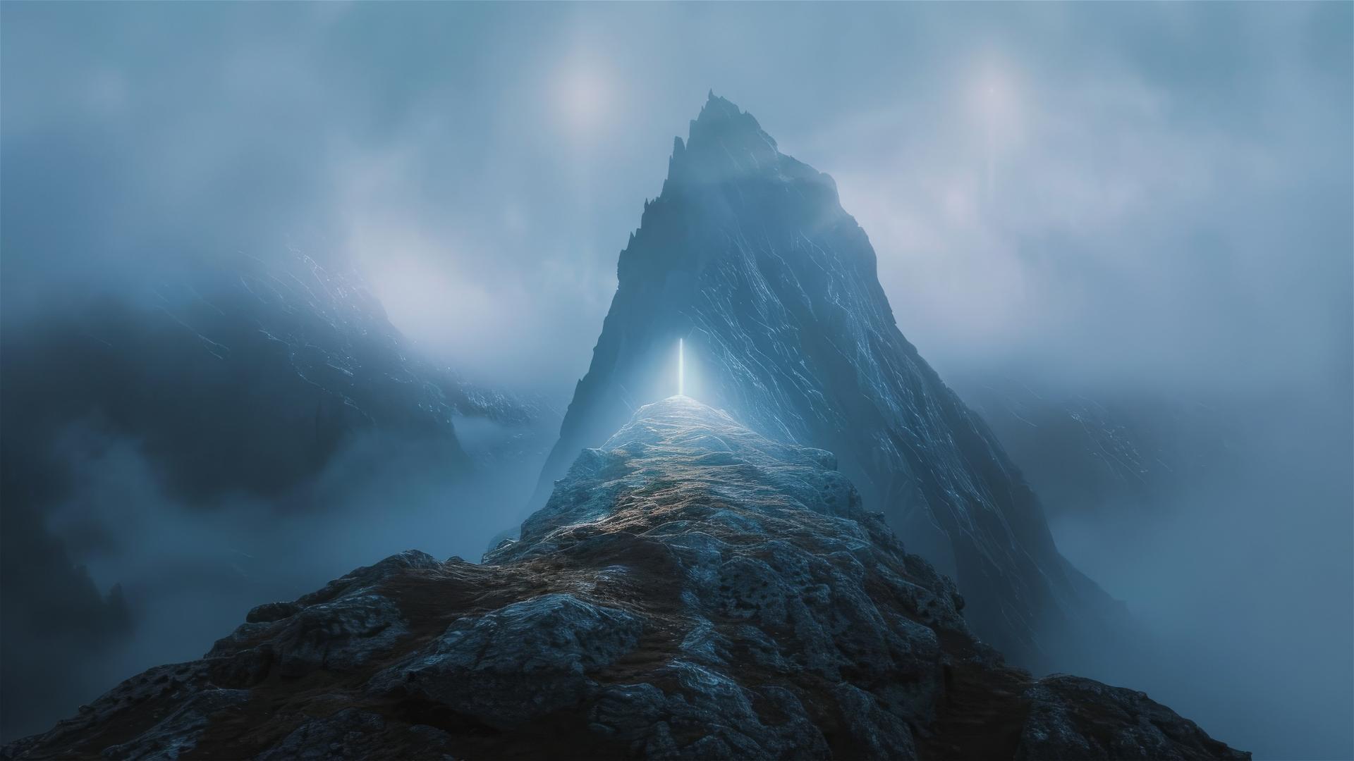 Misty futuristic mountain beacon with volumetric LED light