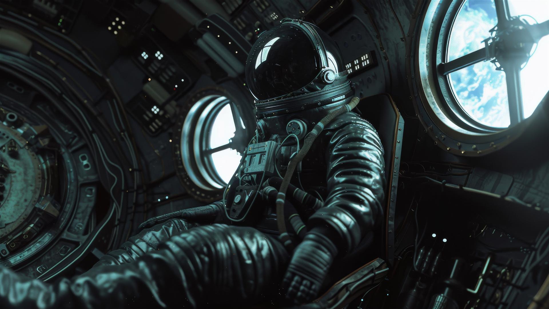 H.R. Giger style Soviet cosmonaut in 1960s space capsule with dark lighting