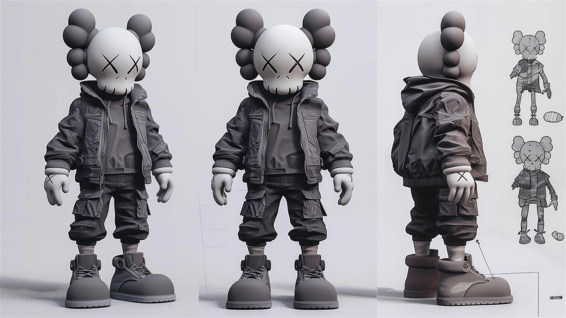 Kaws Supreme outfit character sheet in infographic style