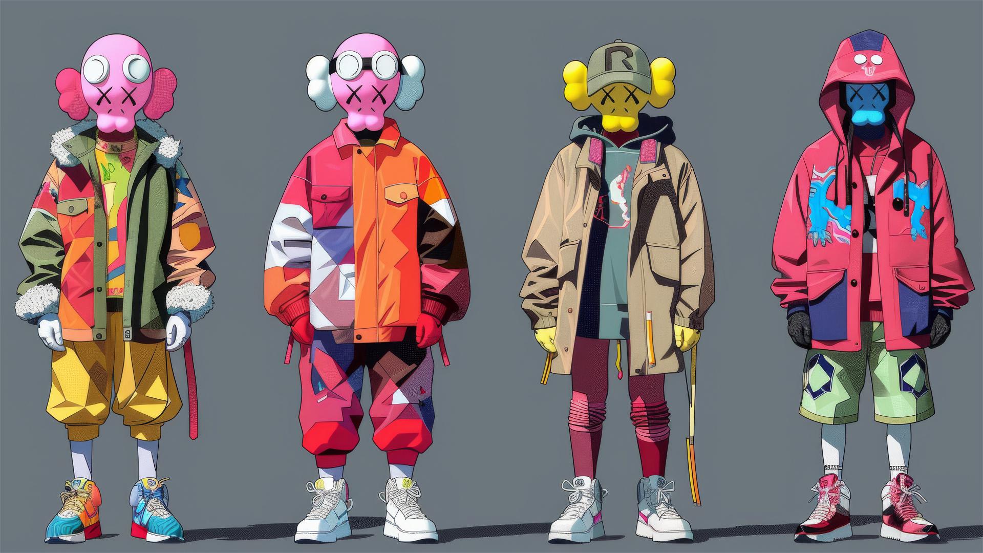 Kaws character in a Supreme outfit in various poses and angles