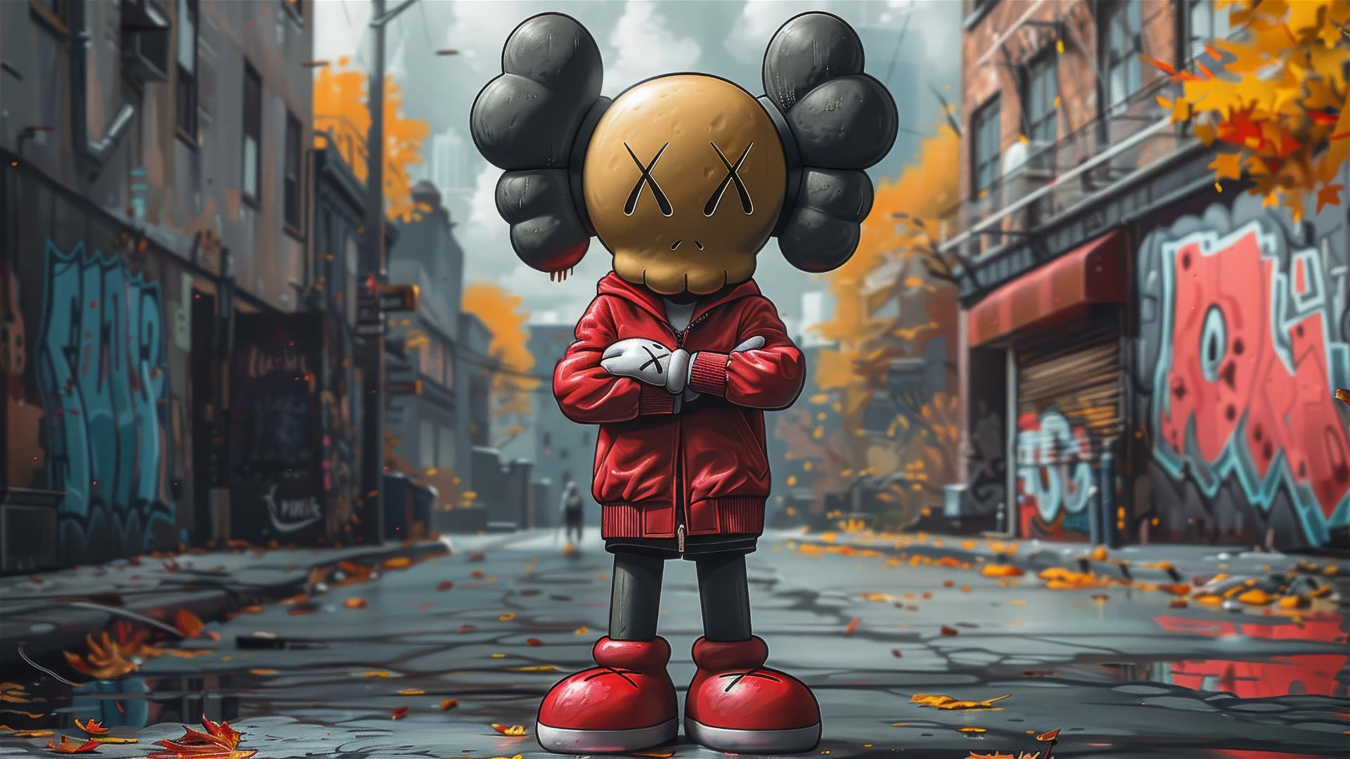 Cartoon 2D art featuring Kaws with crossed arms