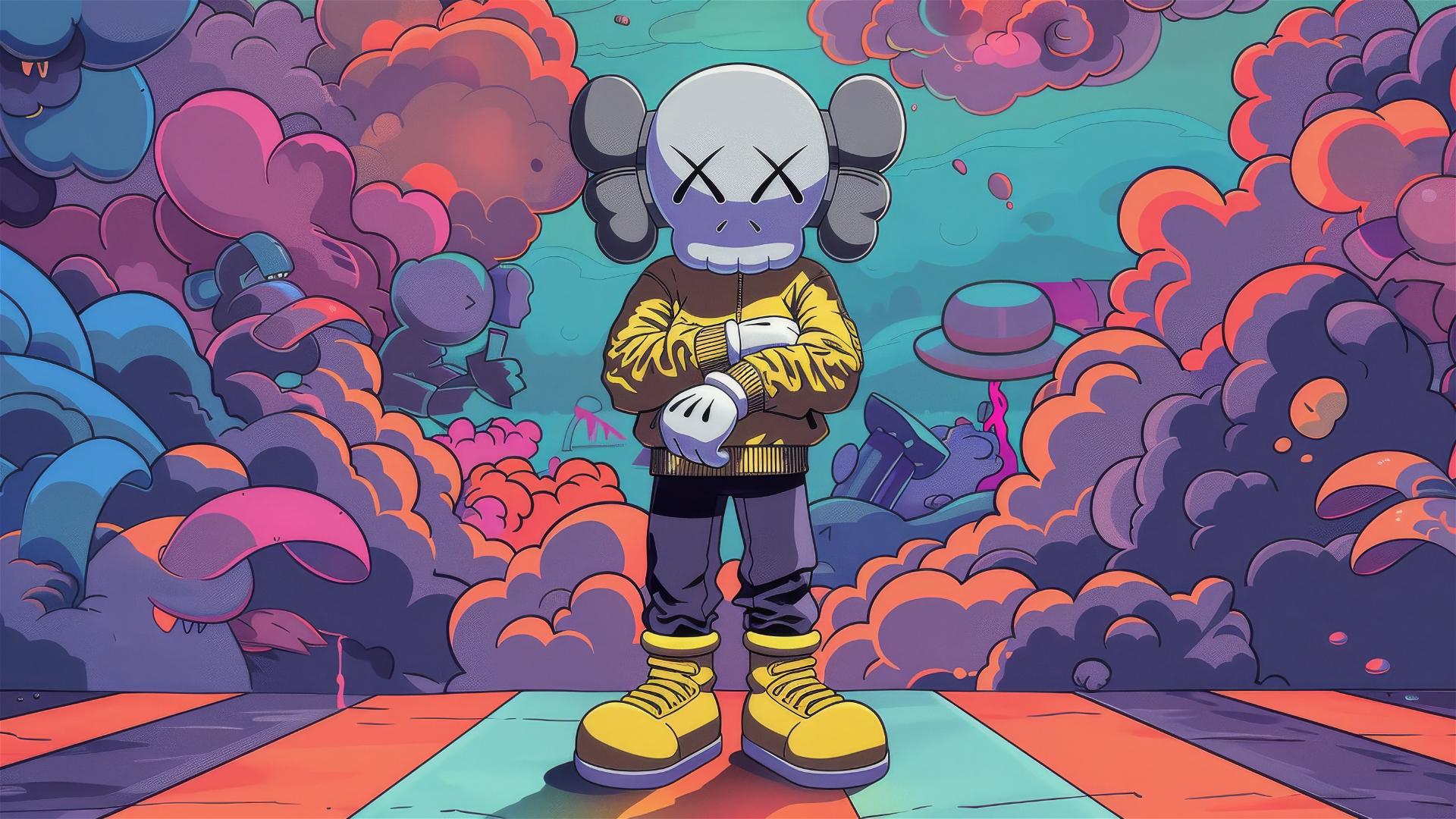 2D cartoon art featuring a Nike companion Kaws with folded arms