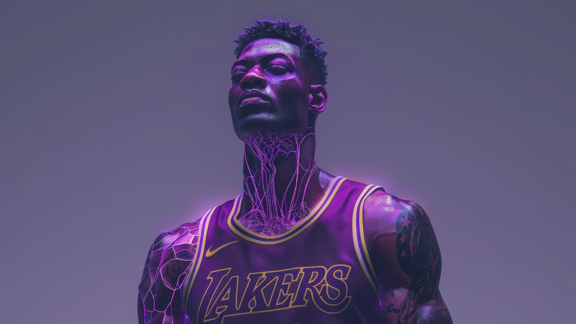 Muscular glass basketball player in Lakers jersey glowing