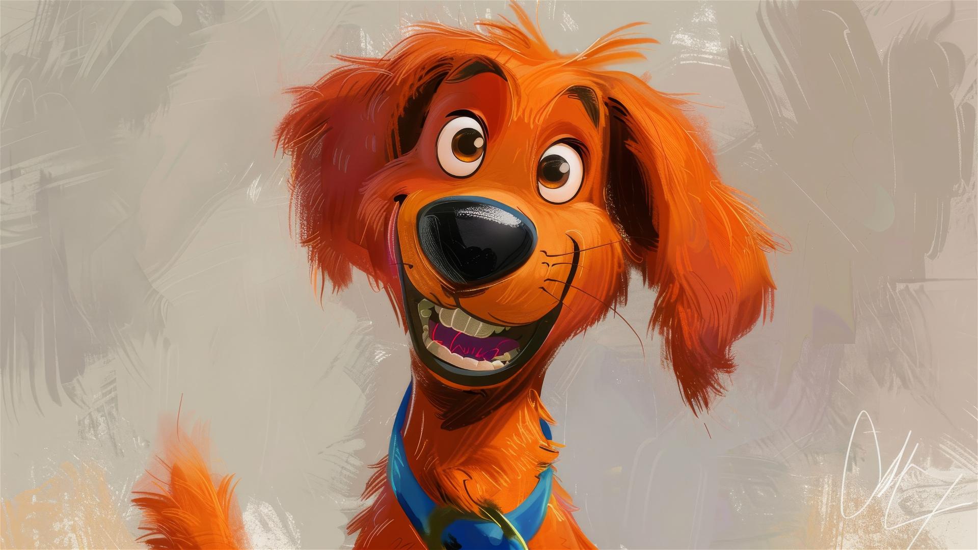 Pixar-style cartoon dog portrait with big nose, long face, blue collar, orange fur, happy expression