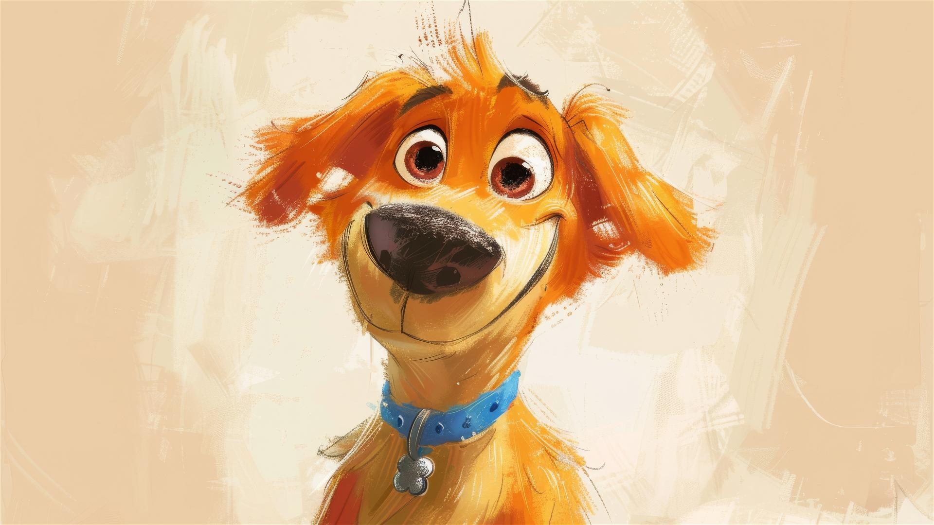Illustration of a cheerful dog with a big nose, long face, blue collar, and orange fur in Pixar and Tim Burton style.
