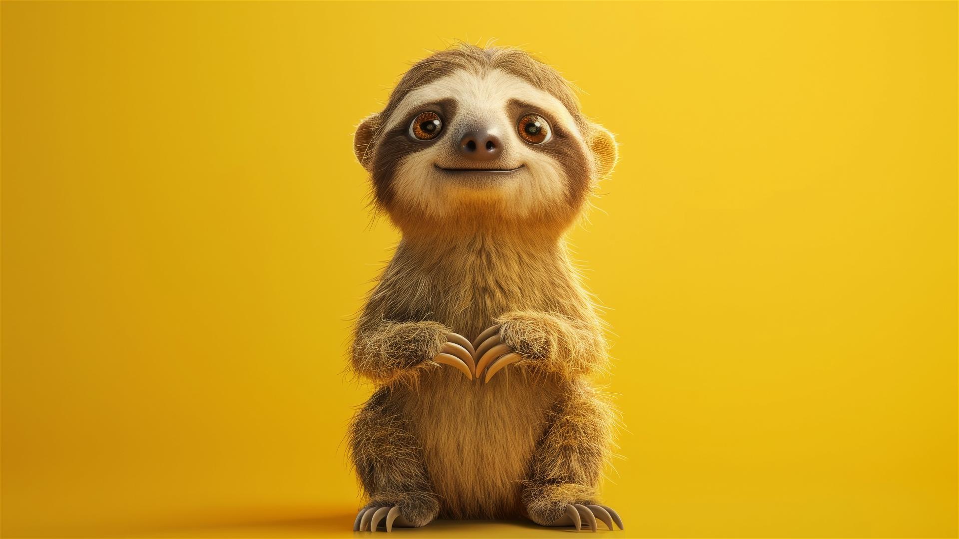 baby sloth standing on the floor looking up with a yellow background