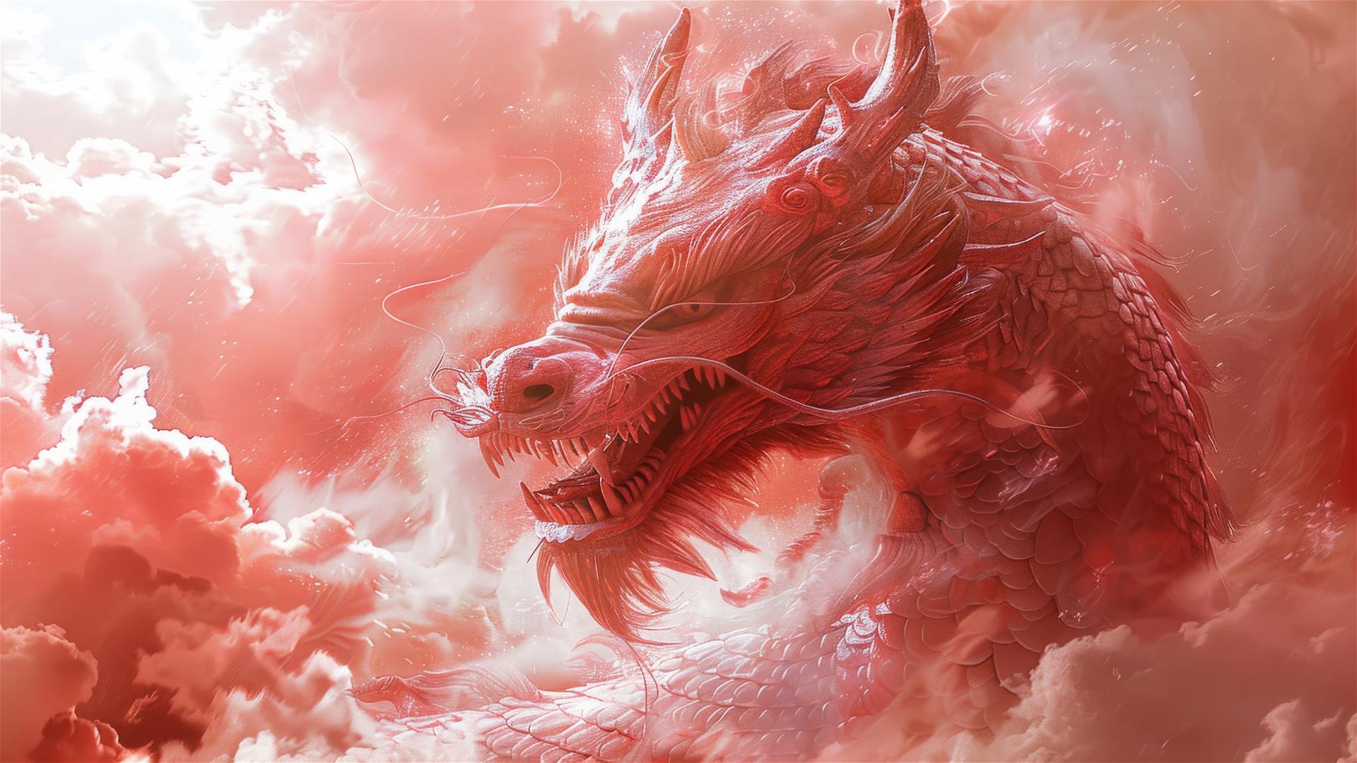 Asian dragon in light red surrounded by clouds in monochromatic palettes