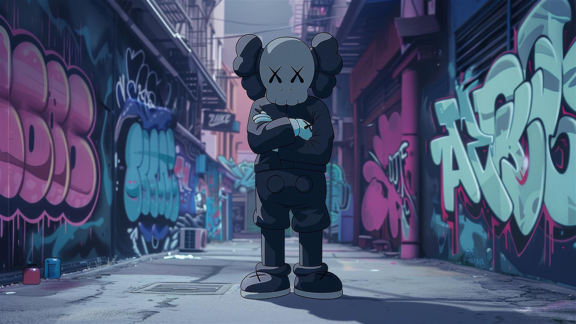 2D cartoon of Kaws character with crossed arms in Nike attire