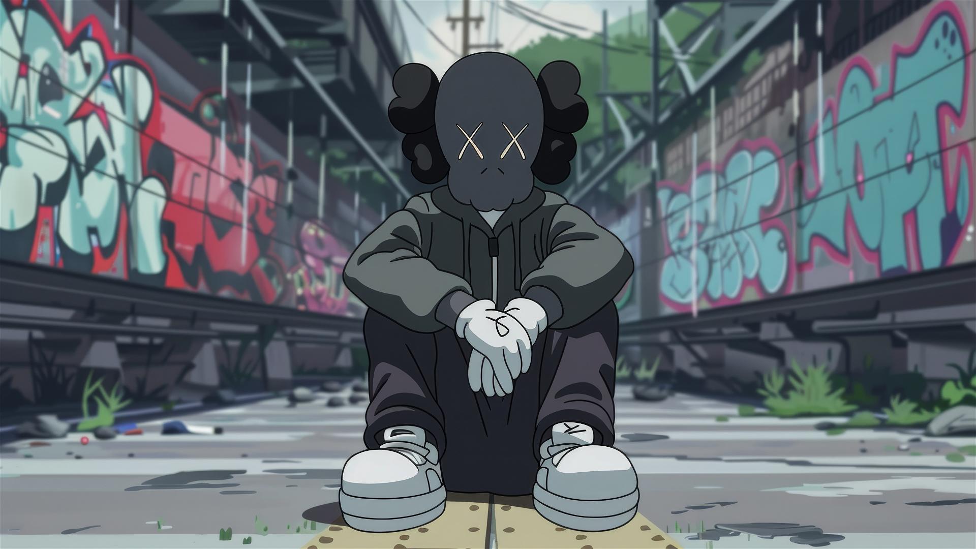 2D cartoon art with Kaws character crossing arms