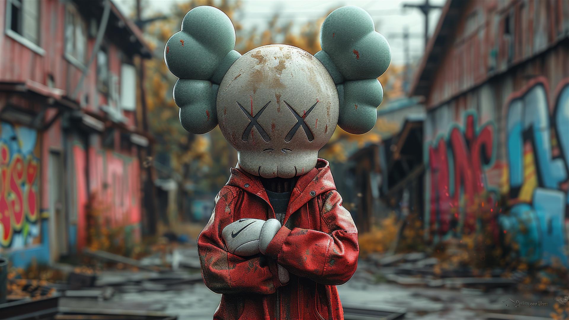 Cartoon 2D art featuring Kaws character crossing arms in main plan.