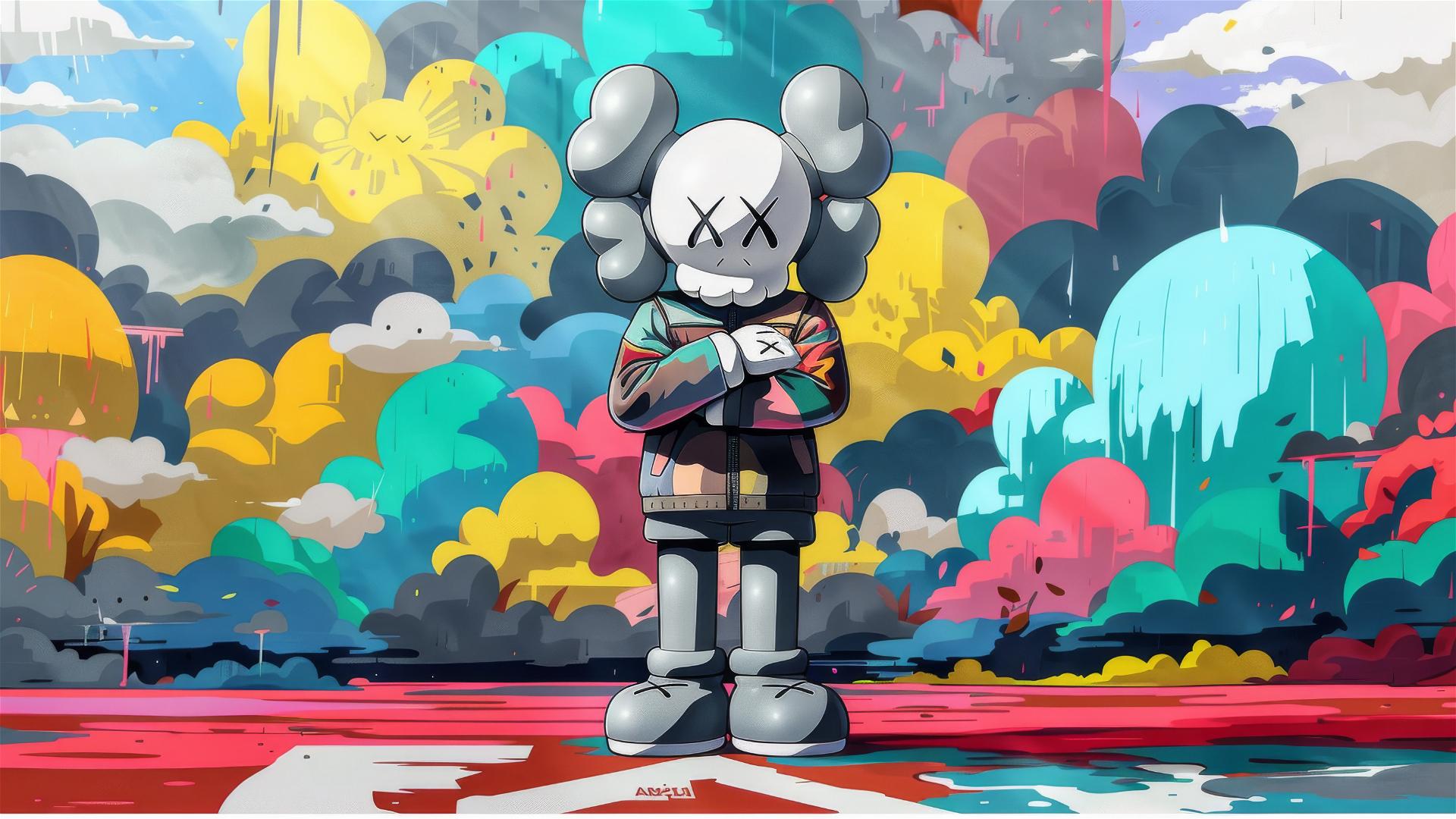 Cartoon-style art with Nike companion Kaws crossing arms.