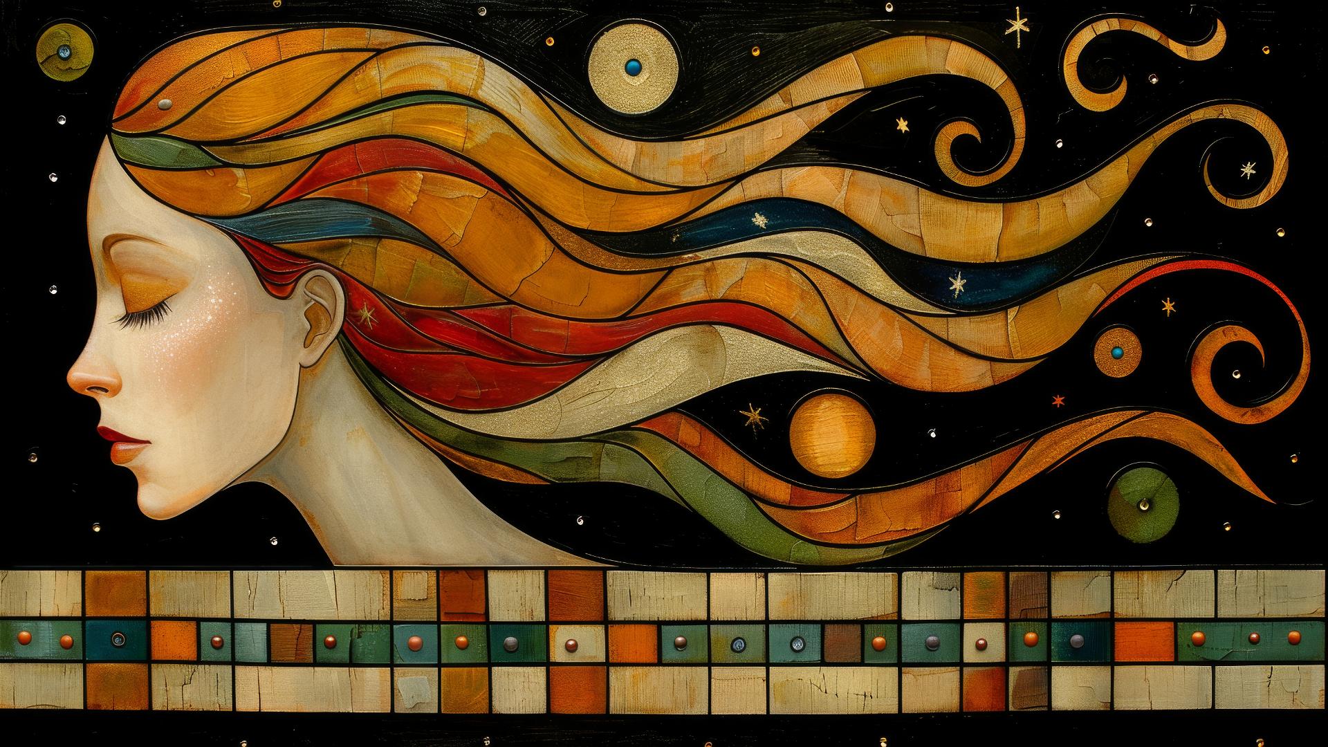 Cubist style woman with red hair, looking back, muted colors, sparkles