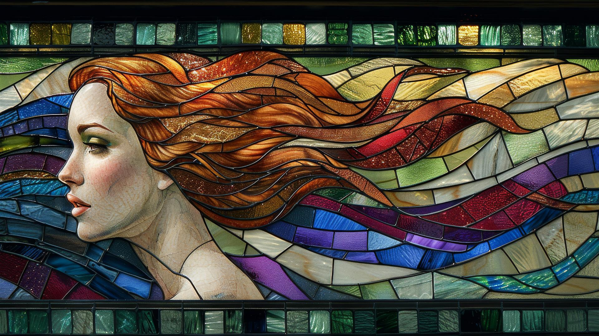 Cubist style woman with flowing red hair and muted colors