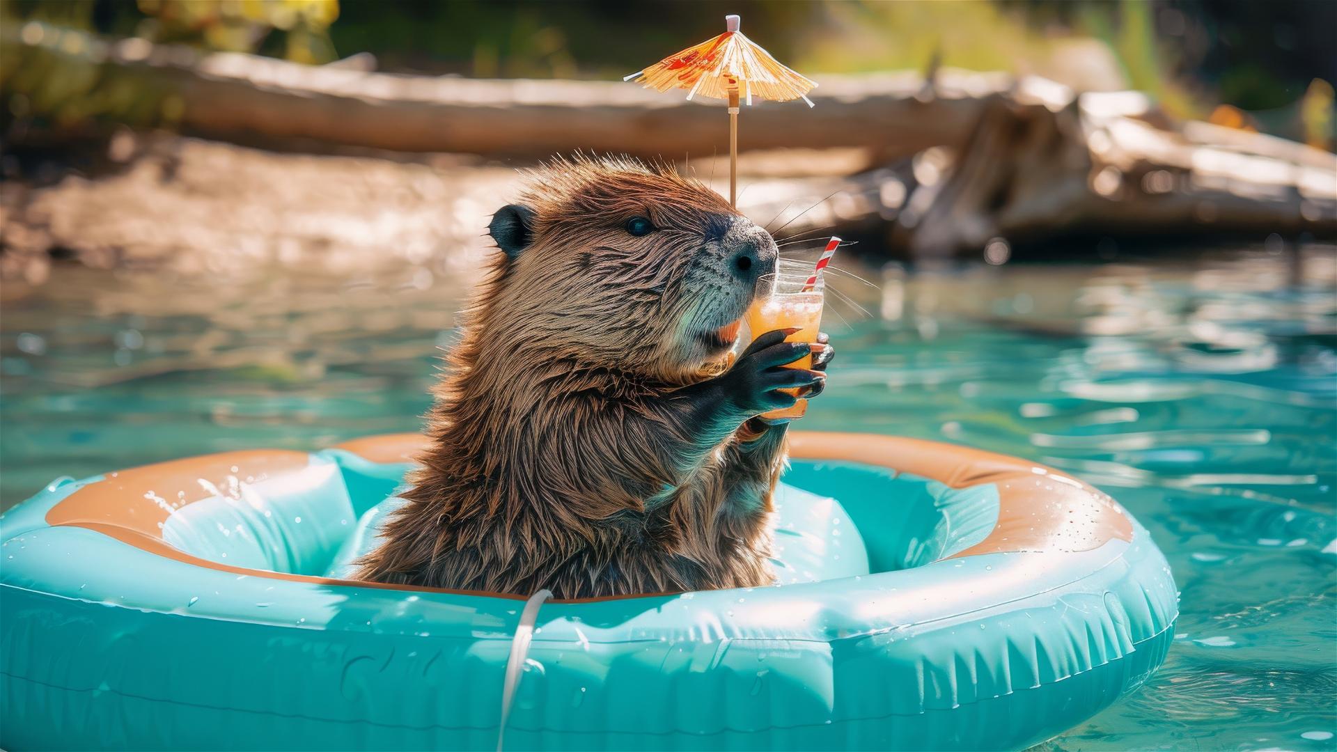 Beaver on inflatable mattress holding cocktail in turquoise water