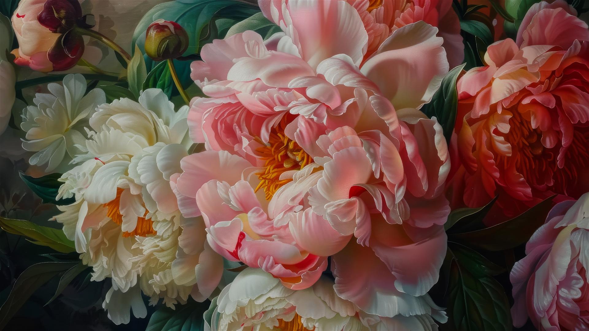 Peonies in Tim Maguire style, detailed oil painting