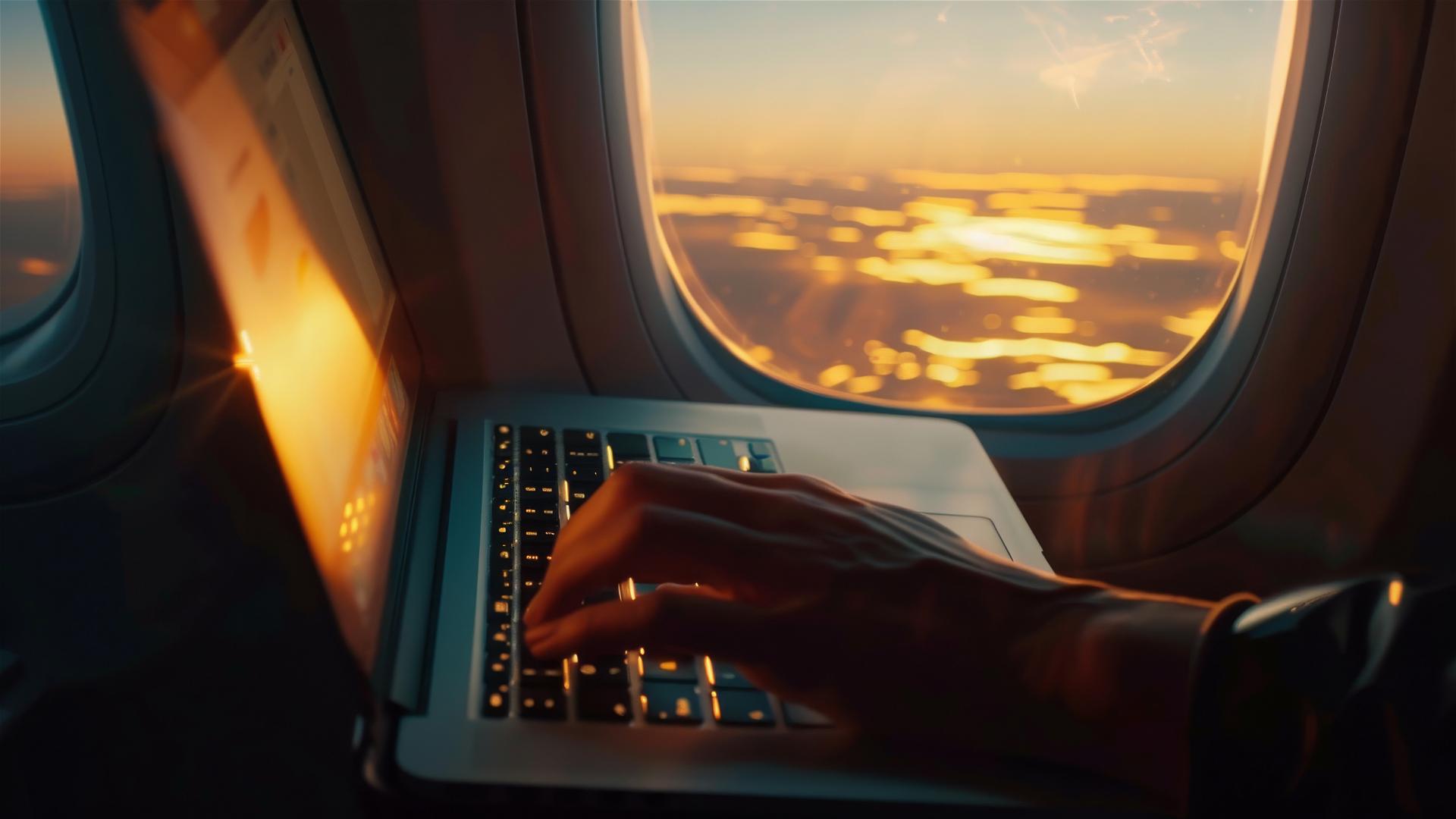Hand on laptop seen through airplane window with black and gold colors