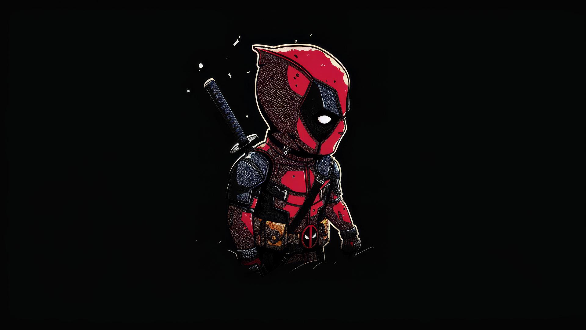 8-bit pixel art of little Deadpool with a black background