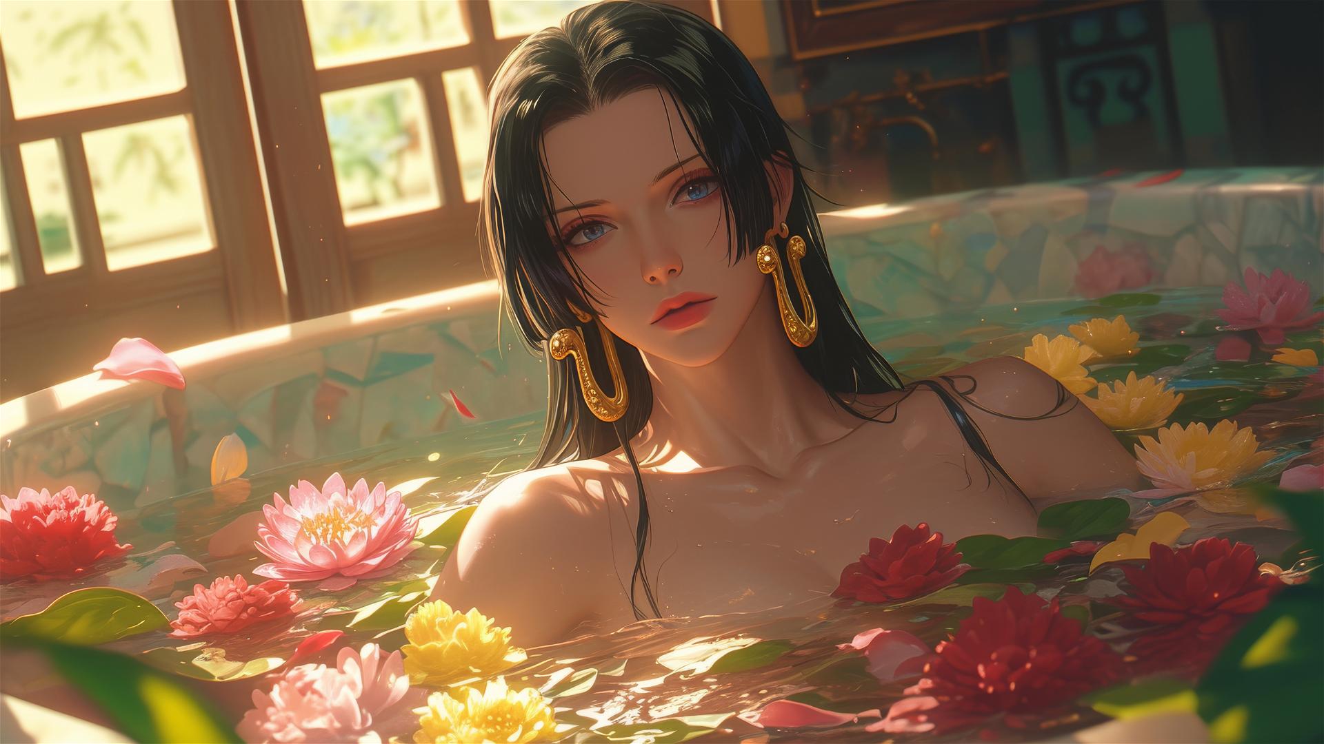 Boa Hancock from One Piece in a tub of flowers in a Chinese spa