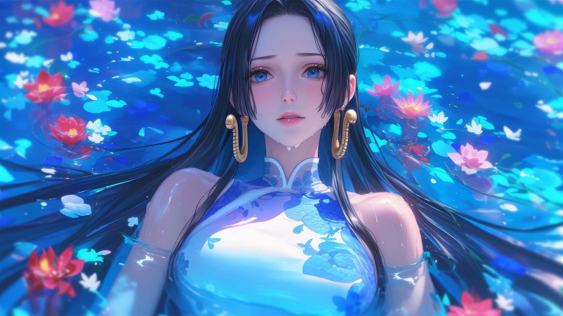 Boa Hancock in a tub of flowers at a Chinese spa