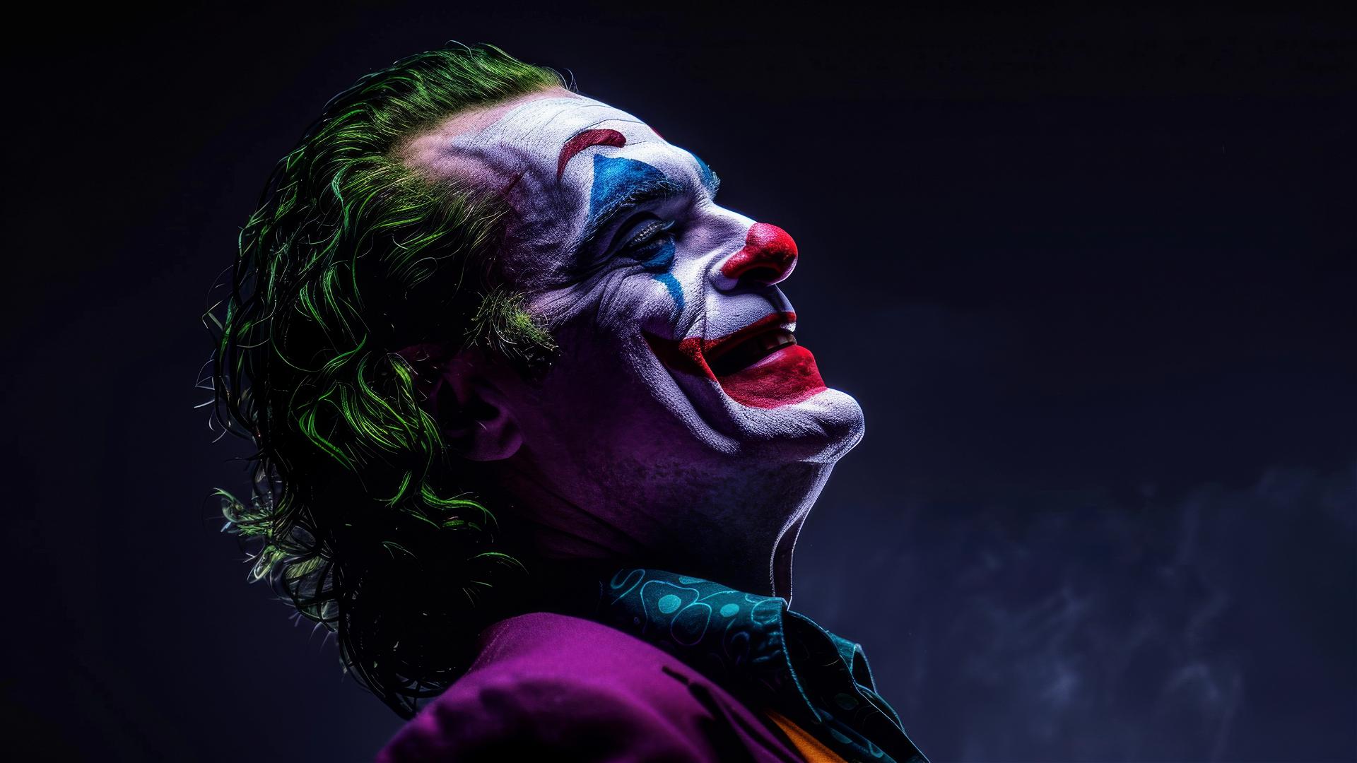 Ultra-realistic full body shot of the Joker laughing with cinematic lighting