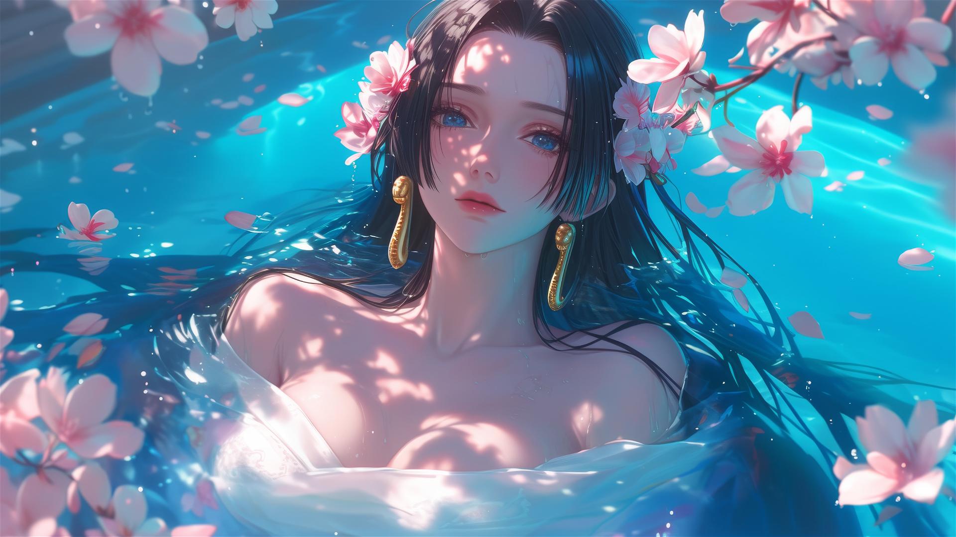 Boa Hancock from One Piece in a tub filled with flowers in a Chinese spa