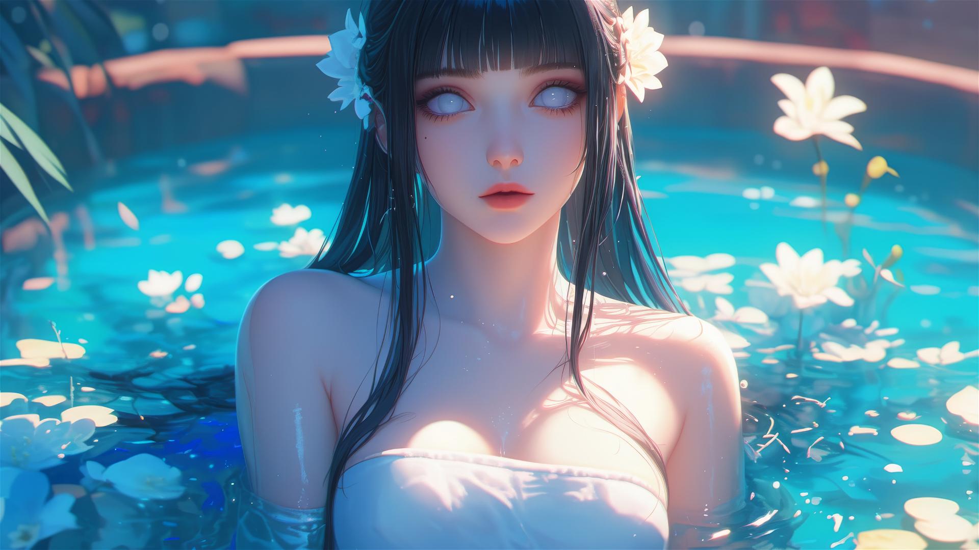 Hinata Hyuga in a tub full of flowers at a Chinese spa, with white eyes.