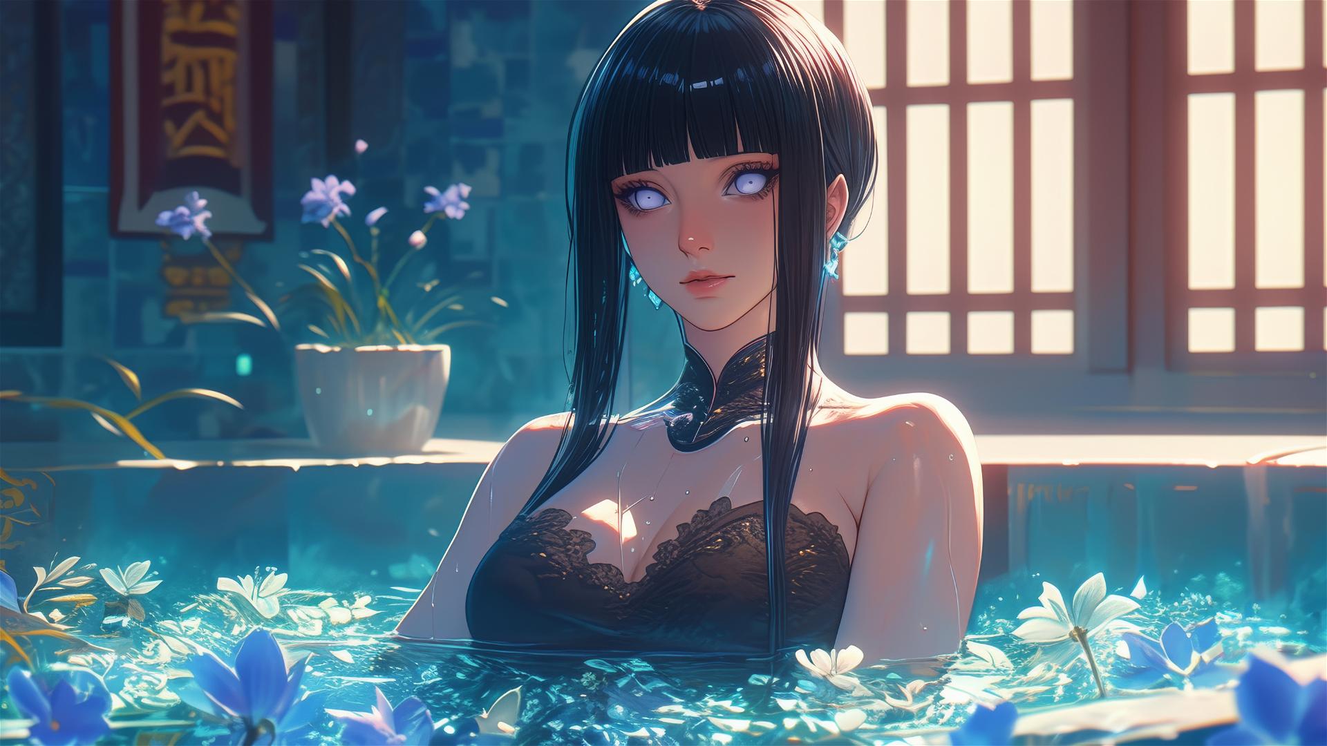 Hinata Hyuga from Naruto in a tub full of flowers at a Chinese spa with white eyes
