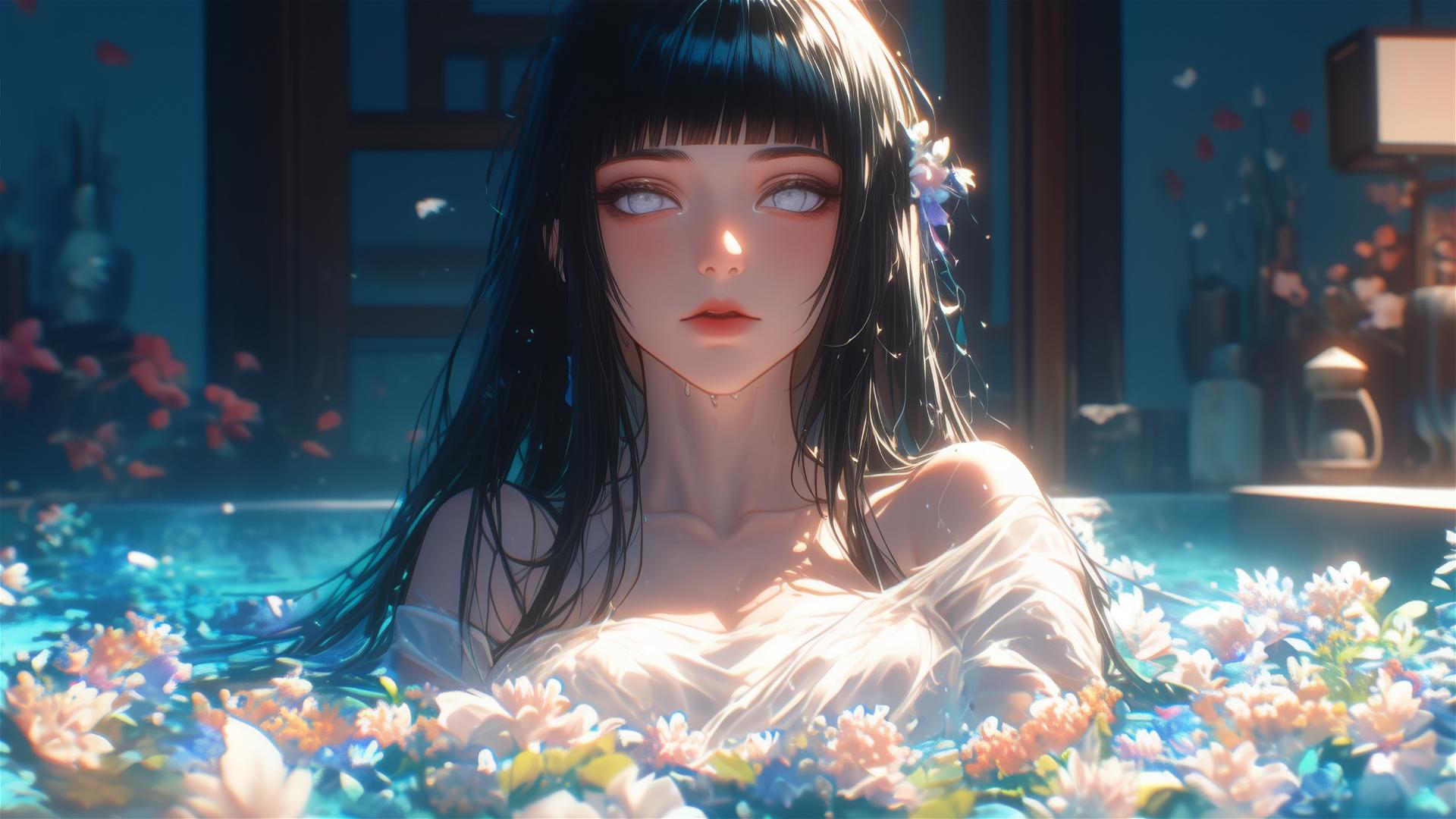 Hinata Hyuga from Naruto in a tub full of flowers inside a Chinese spa