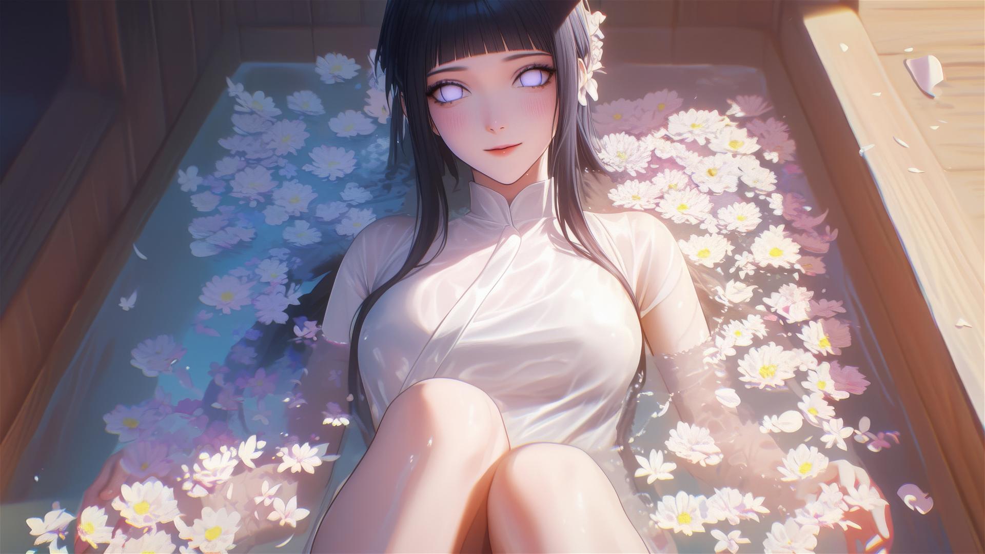 Hinata Hyuga in a flower-filled tub in a Chinese spa, white eyes