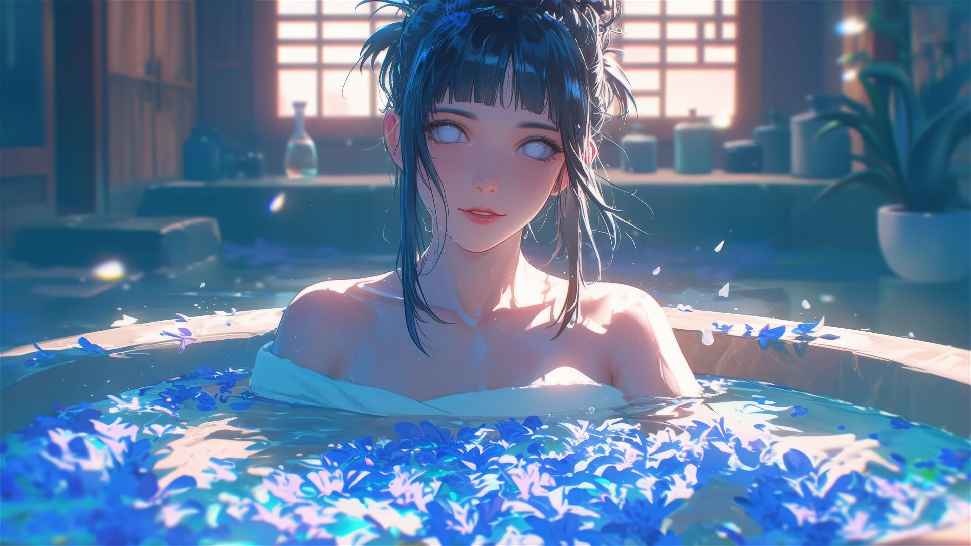 Hinata Hyuga from Naruto in a flower-filled tub in a Chinese spa.