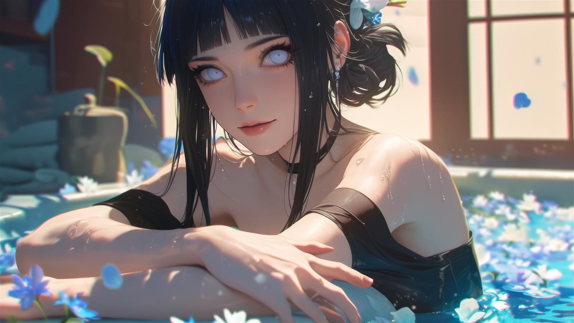 Hinata Hyuga in tub of flowers with white eyes in a Chinese spa