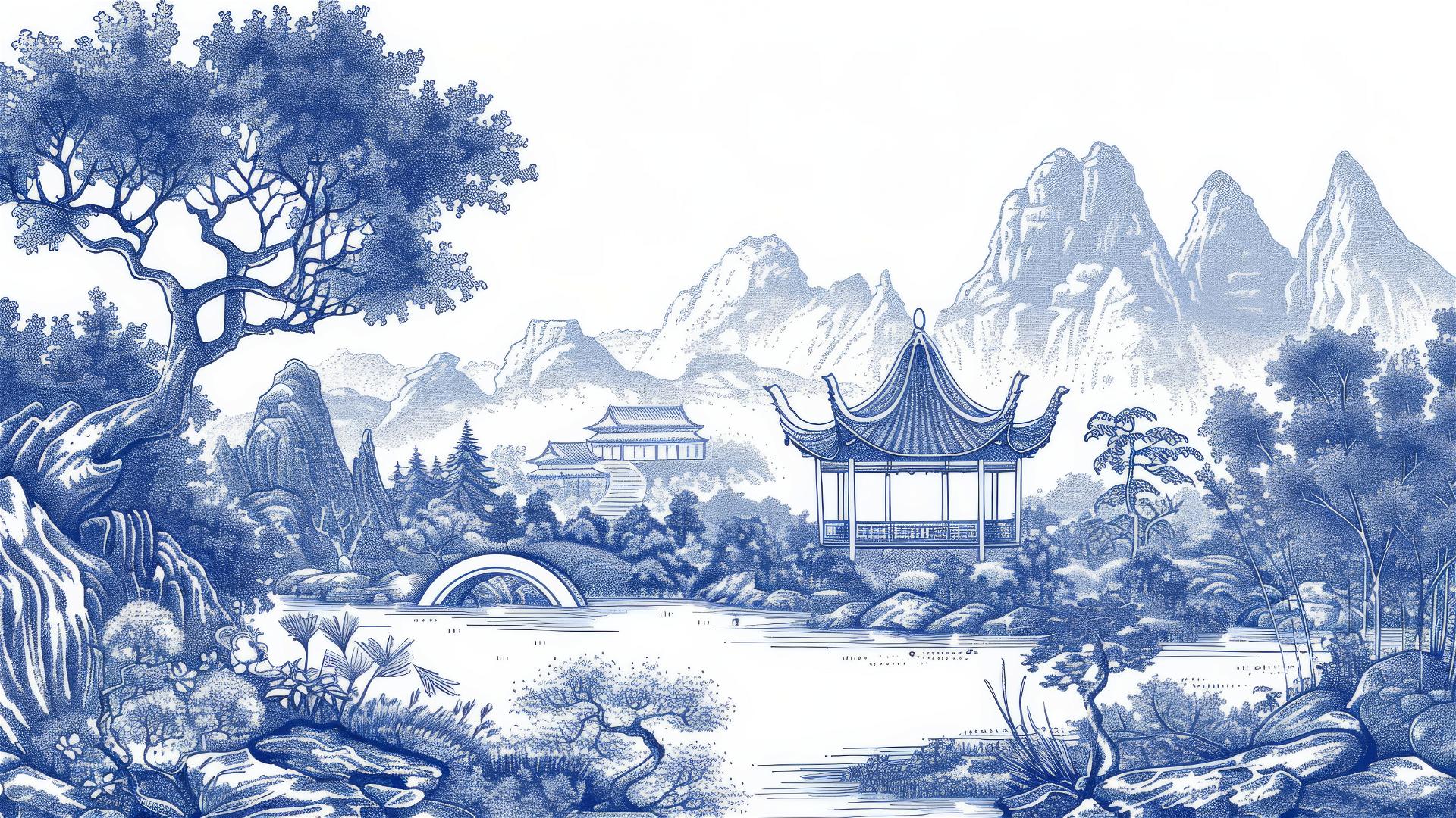 Blue and white minimalist Chinese landscape with pavilions