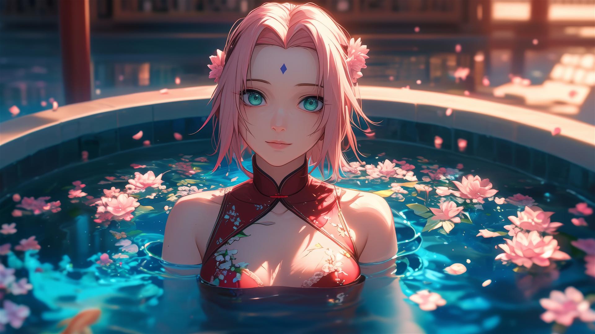Sakura Haruno from Naruto in a tub of flowers at a Chinese spa