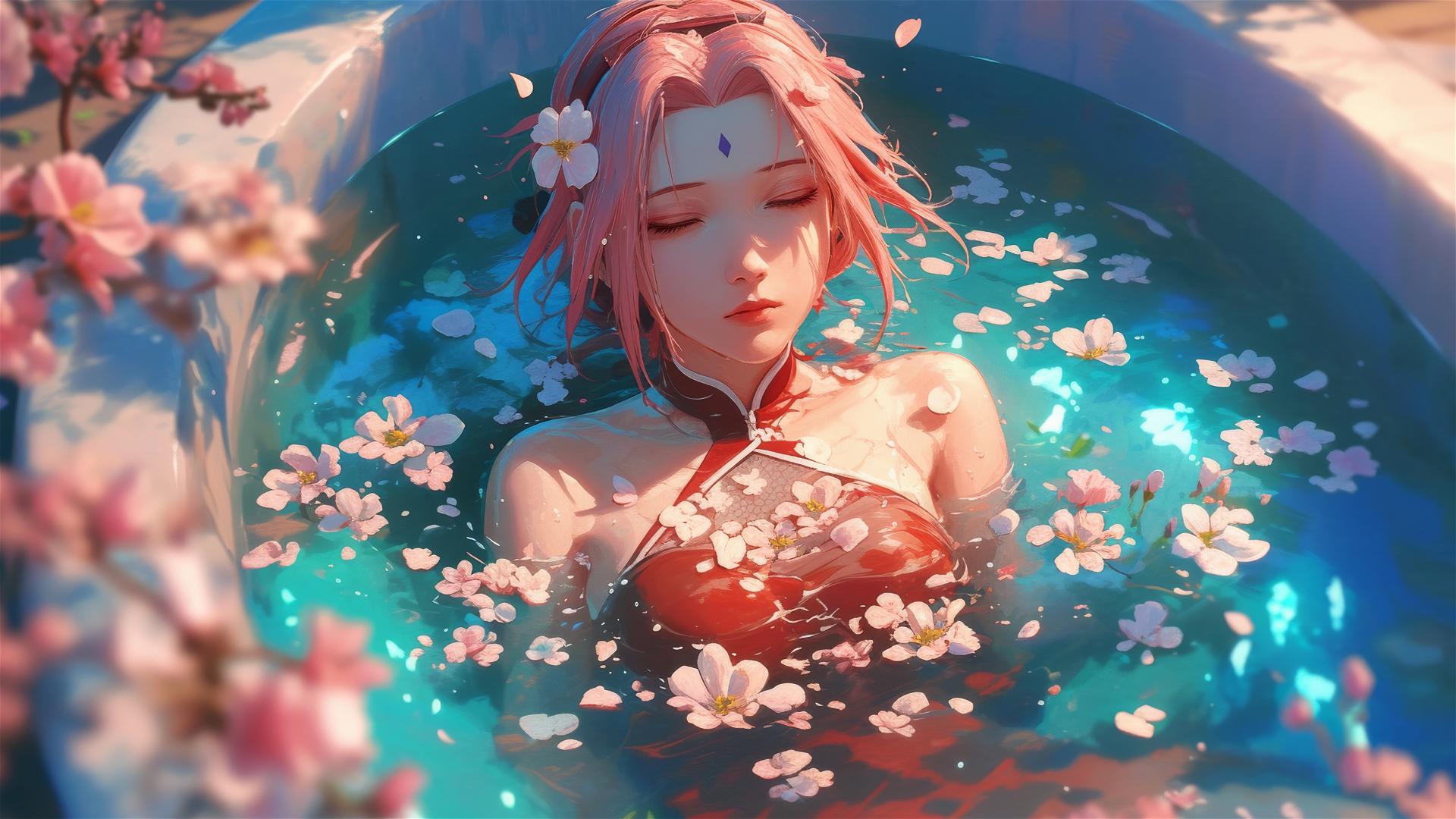 Sakura Haruno from Naruto in a tub full of flowers at a Chinese spa.