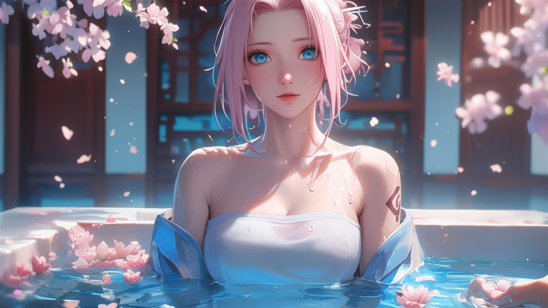 Sakura Haruno in flower-filled tub, Chinese spa