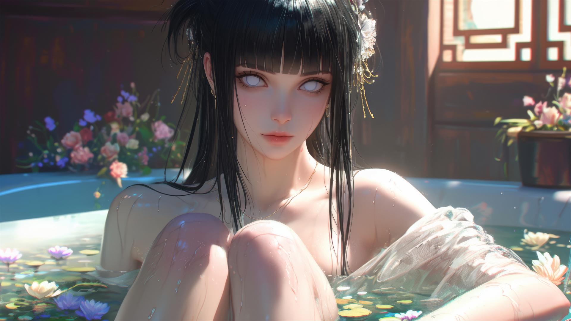 Hinata Hyuga in a flower-filled tub at a Chinese spa with white eyes