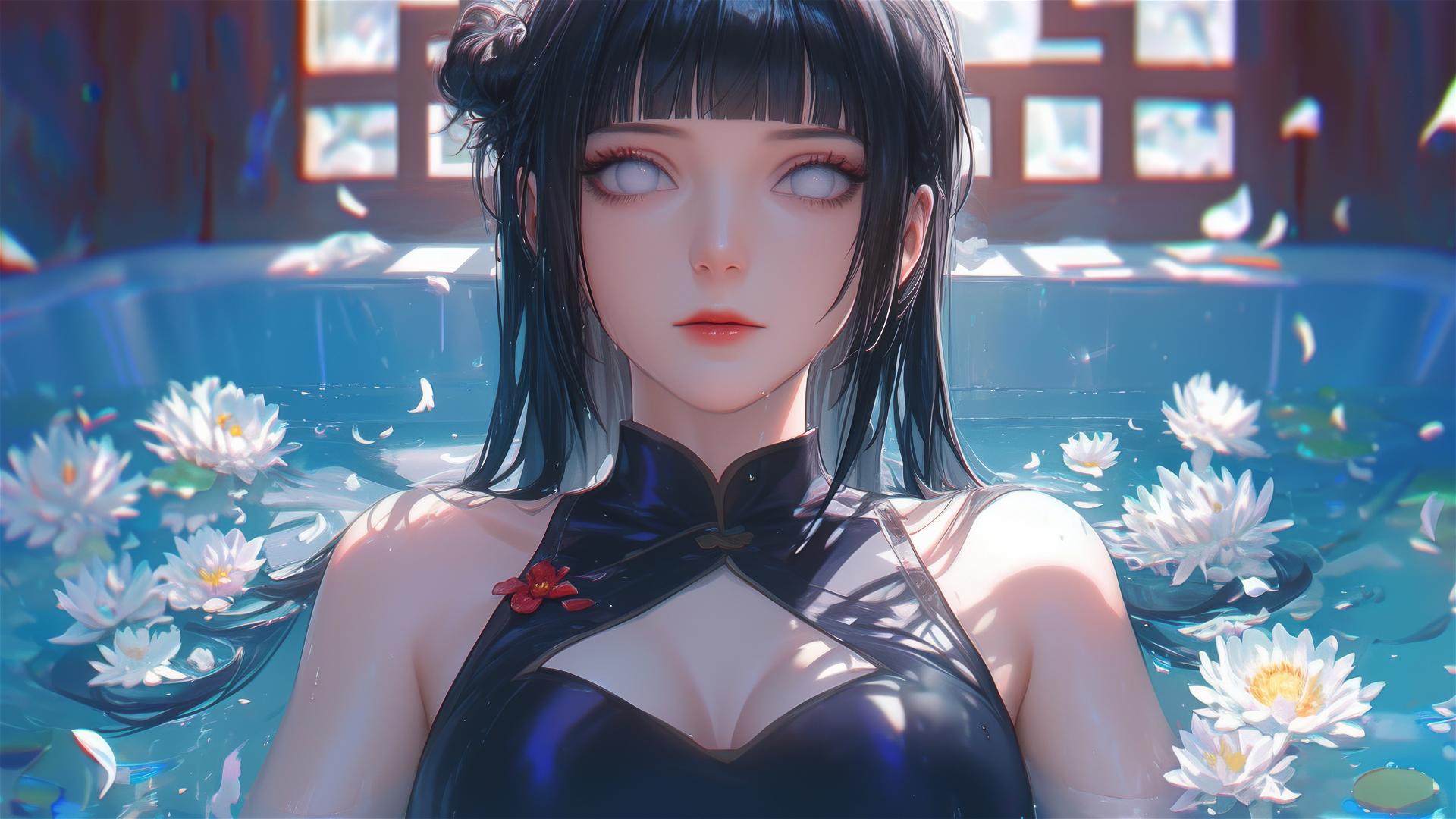 Hinata Hyuga from Naruto in flower-filled tub at Chinese spa