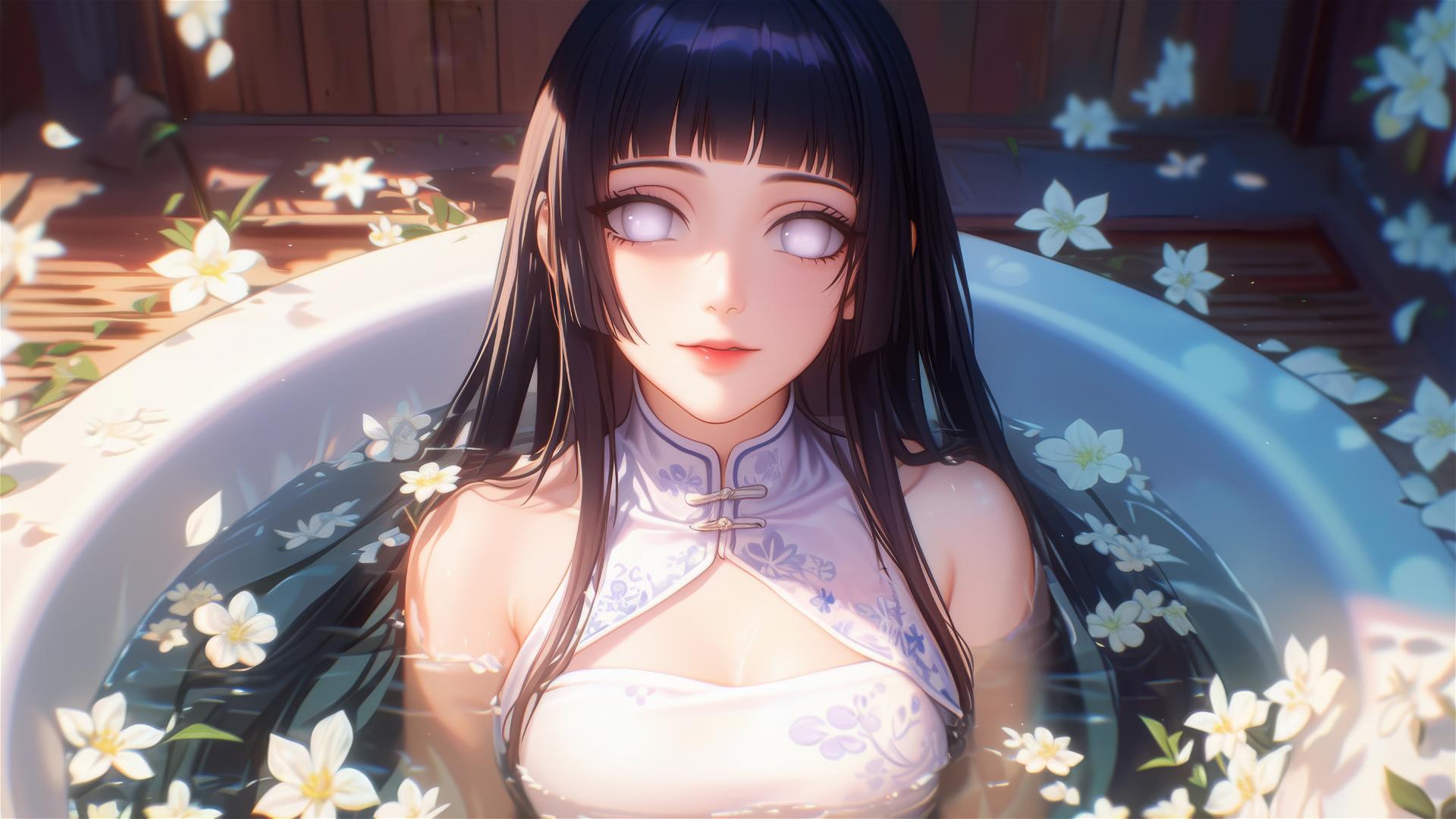 Hinata Hyuga from Naruto in a flower-filled tub inside a Chinese spa