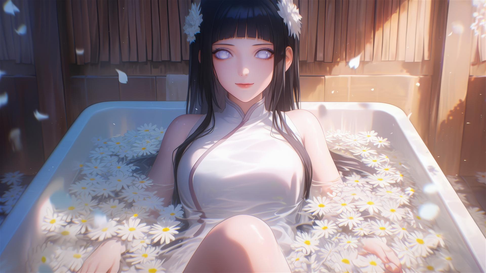 Hinata Hyuga from Naruto in a floral bath within a Chinese spa, white eyes