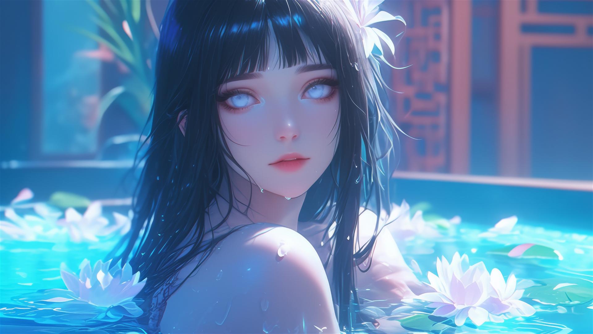 Hinata Hyuga from Naruto in a flower-filled tub in a Chinese spa
