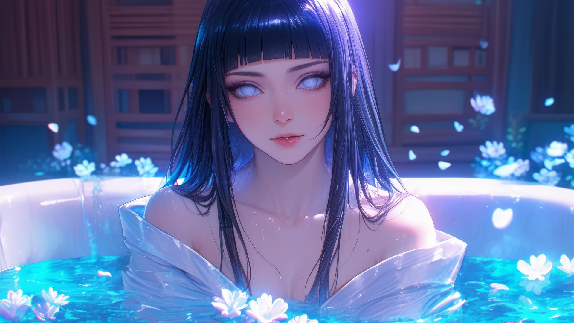 Hinata Hyuga in a flower-filled tub in a Chinese spa