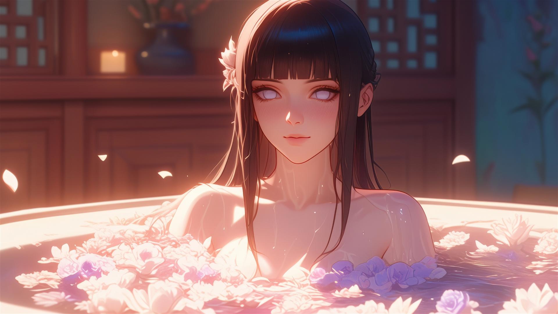 Hinata Hyuga from Naruto in tub full of flowers in Chinese spa