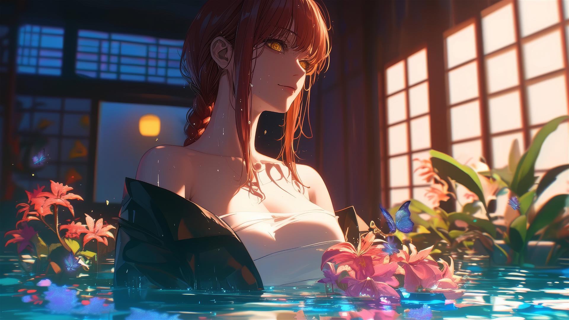 Makima from Chainsaw Man in tub full of flowers, inside Chinese spa.
