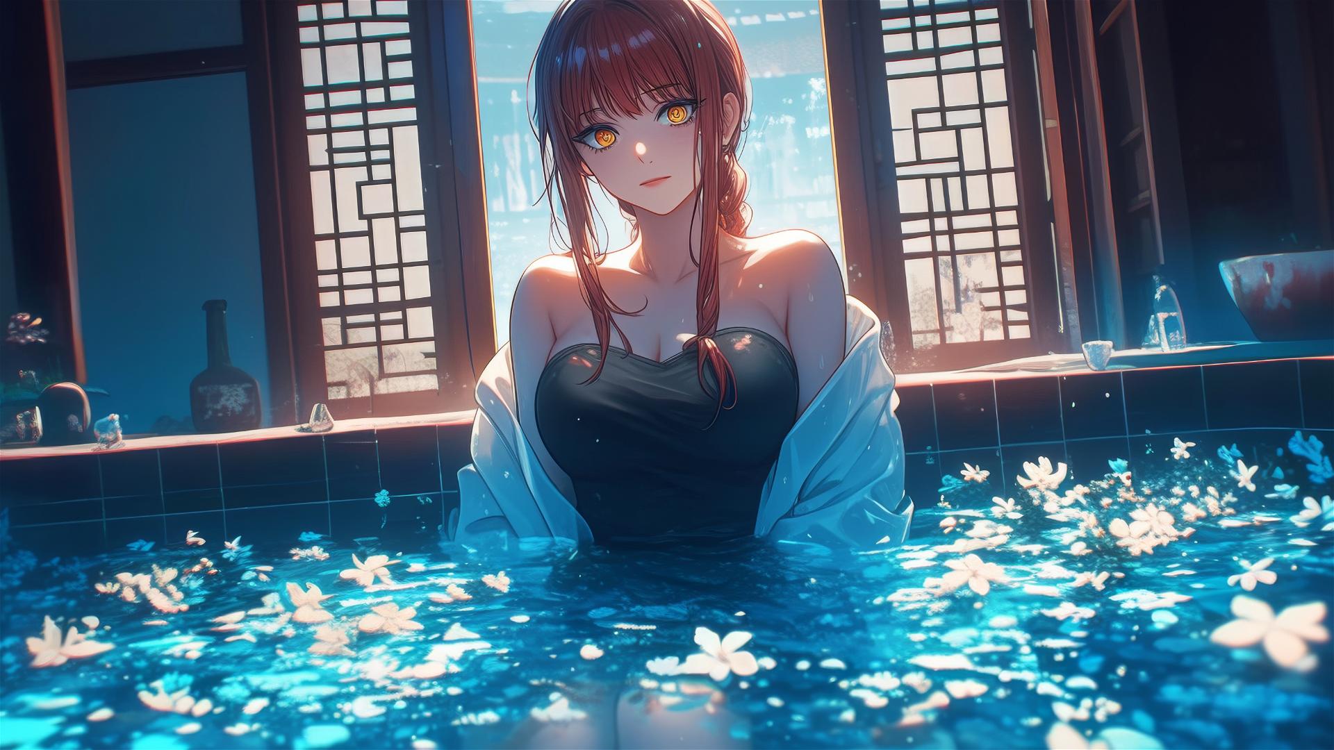 Makima from Chainsaw Man in tub with flowers in Chinese spa