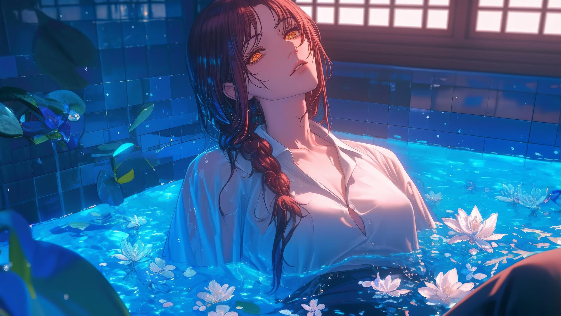 Makima from Chainsaw Man in a tub of flowers at a Chinese spa